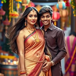 A beautiful 30-year-old Indian woman with milky skin, gracefully wearing a traditional saree that reveals her navel, standing confidently