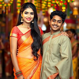 A beautiful 30-year-old Indian woman with milky skin, gracefully wearing a traditional saree that reveals her navel, standing confidently