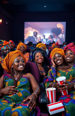 A vibrant movie theater scene featuring a group of Black individuals dressed in colorful traditional African attire, such as kente cloth, dashikis, and vibrant headwraps