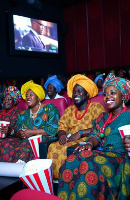 A vibrant movie theater scene featuring a group of Black individuals dressed in colorful traditional African attire, such as kente cloth, dashikis, and vibrant headwraps