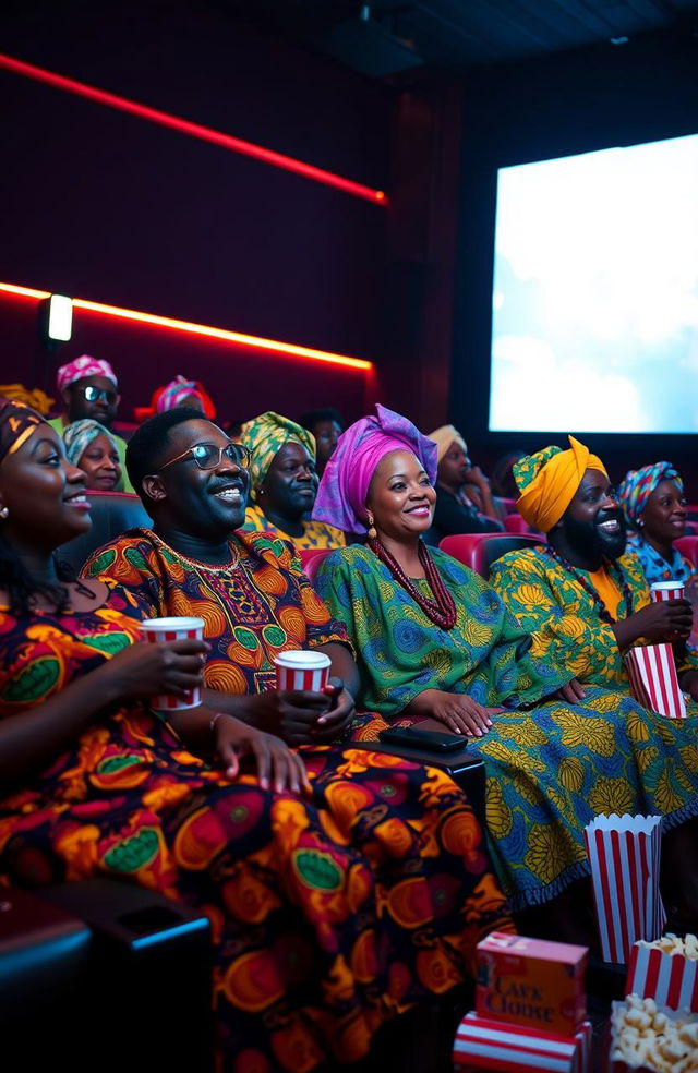 A vibrant movie theater scene featuring a group of Black individuals dressed in colorful traditional African attire, such as kente cloth, dashikis, and vibrant headwraps