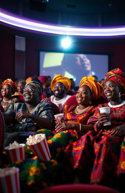 A vibrant movie theater scene featuring a group of Black individuals dressed in colorful traditional African attire, such as kente cloth, dashikis, and vibrant headwraps