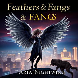 A book cover design for 'Feathers & Fangs' by Aria Nightwing, featuring an urban fantasy theme
