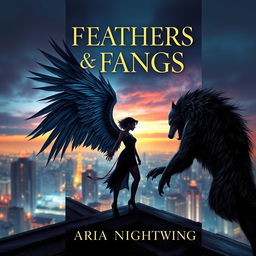 A book cover design for 'Feathers & Fangs' by Aria Nightwing, featuring an urban fantasy theme