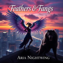 A book cover design for 'Feathers & Fangs' by Aria Nightwing, featuring an urban fantasy theme