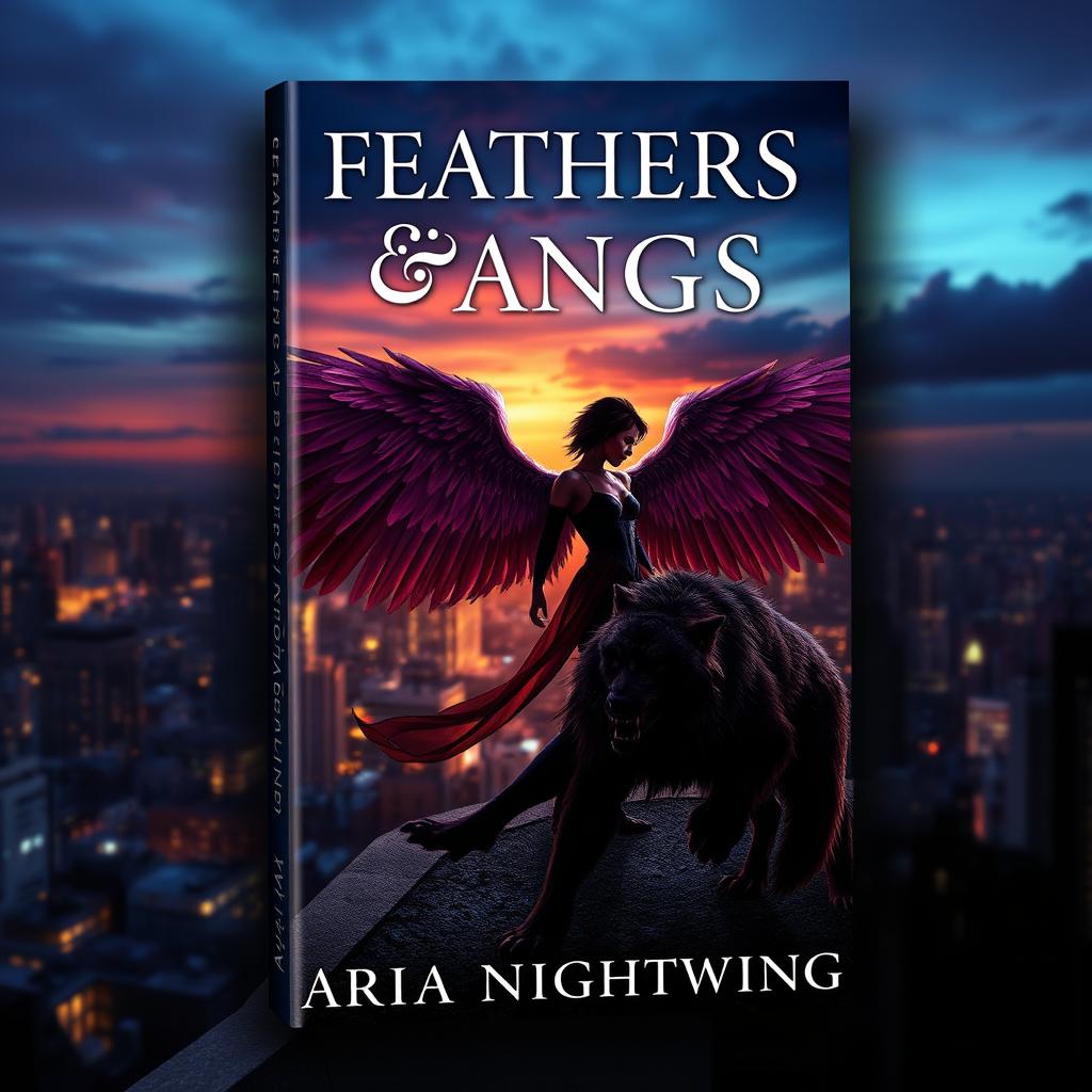 A book cover design for 'Feathers & Fangs' by Aria Nightwing, featuring an urban fantasy theme