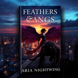 A book cover design for 'Feathers & Fangs' by Aria Nightwing, featuring an urban fantasy theme