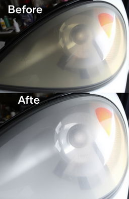 A close-up shot of a car's headlight undergoing restoration, showcasing the before and after comparison