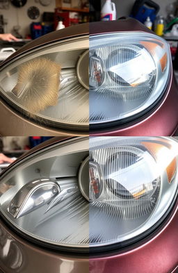 A close-up shot of a car's headlight undergoing restoration, showcasing the before and after comparison