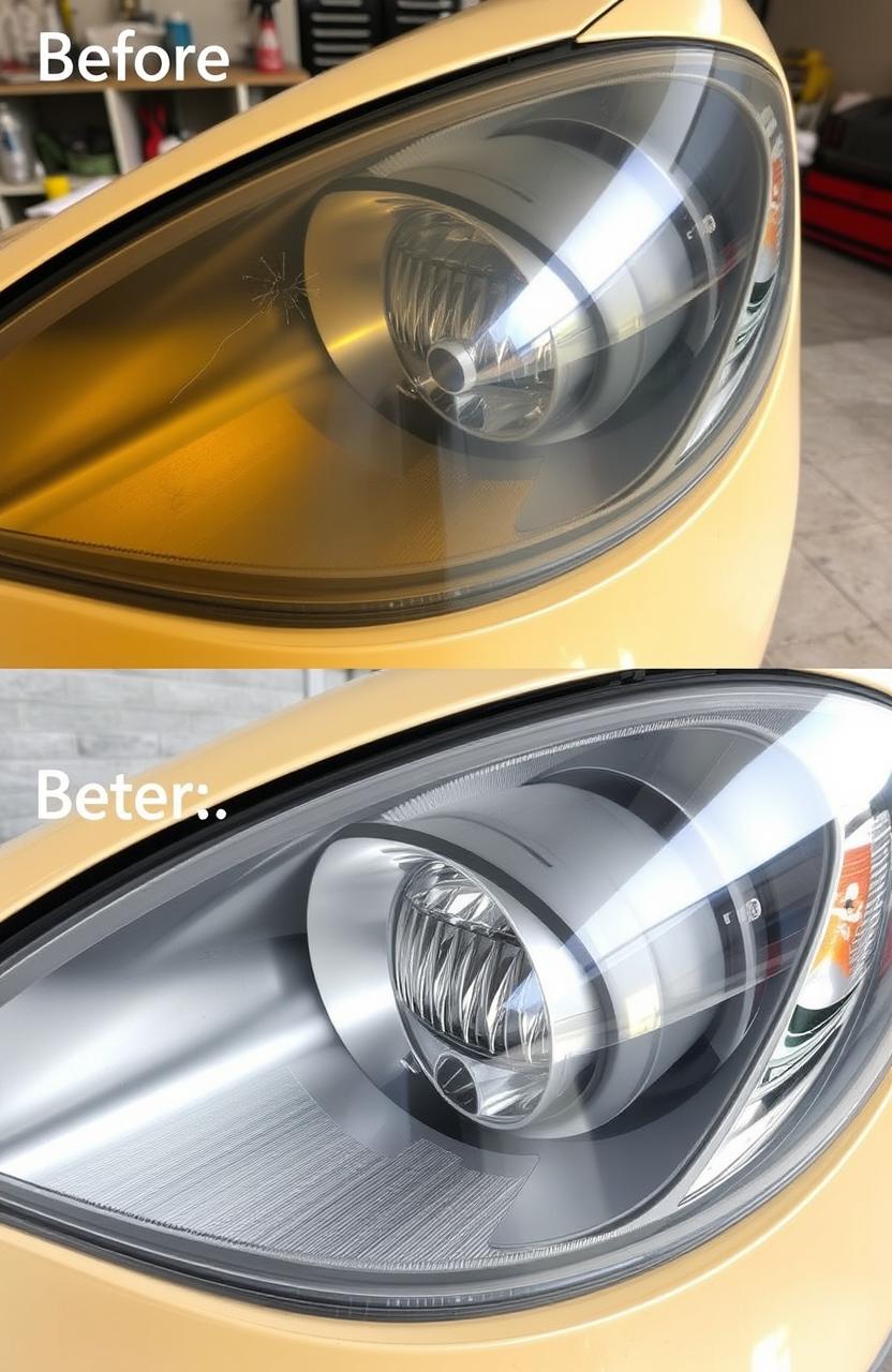 A close-up shot of a car's headlight undergoing restoration, showcasing the before and after comparison