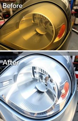 A close-up shot of a car's headlight undergoing restoration, showcasing the before and after comparison