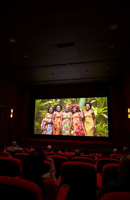 A film theater interior featuring a large screen displaying a vibrant scene from an African movie