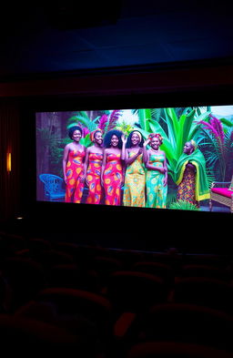 A film theater interior featuring a large screen displaying a vibrant scene from an African movie