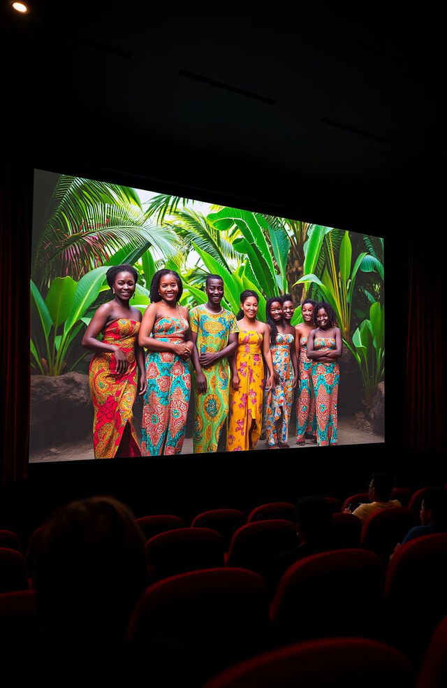 A film theater interior featuring a large screen displaying a vibrant scene from an African movie