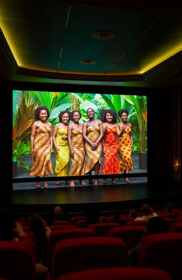 A film theater interior featuring a large screen displaying a vibrant scene from an African movie