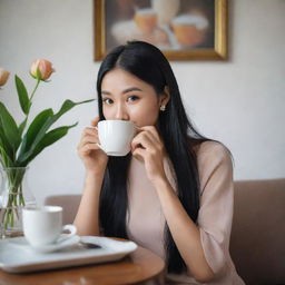 An elegant Indonesian girl with black hair, smooth cheeks, a sharp nose, and small lips, looking perfect as she sips tea in a living room