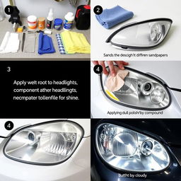 A step-by-step DIY headlight restoration process displayed in a series of clear images or an infographic