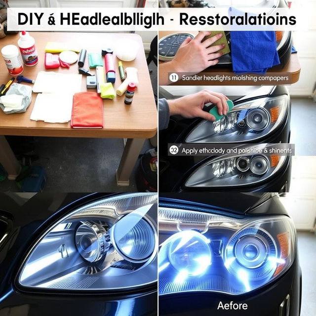 A step-by-step DIY headlight restoration process displayed in a series of clear images or an infographic