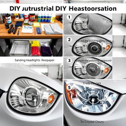 A step-by-step DIY headlight restoration process displayed in a series of clear images or an infographic