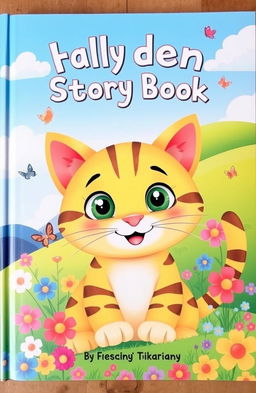 A playful and whimsical children's storybook cover featuring a friendly yellowish cat with charming brown stripes