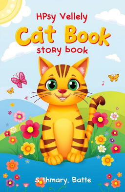 A playful and whimsical children's storybook cover featuring a friendly yellowish cat with charming brown stripes