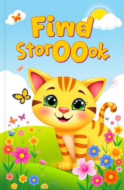 A playful and whimsical children's storybook cover featuring a friendly yellowish cat with charming brown stripes