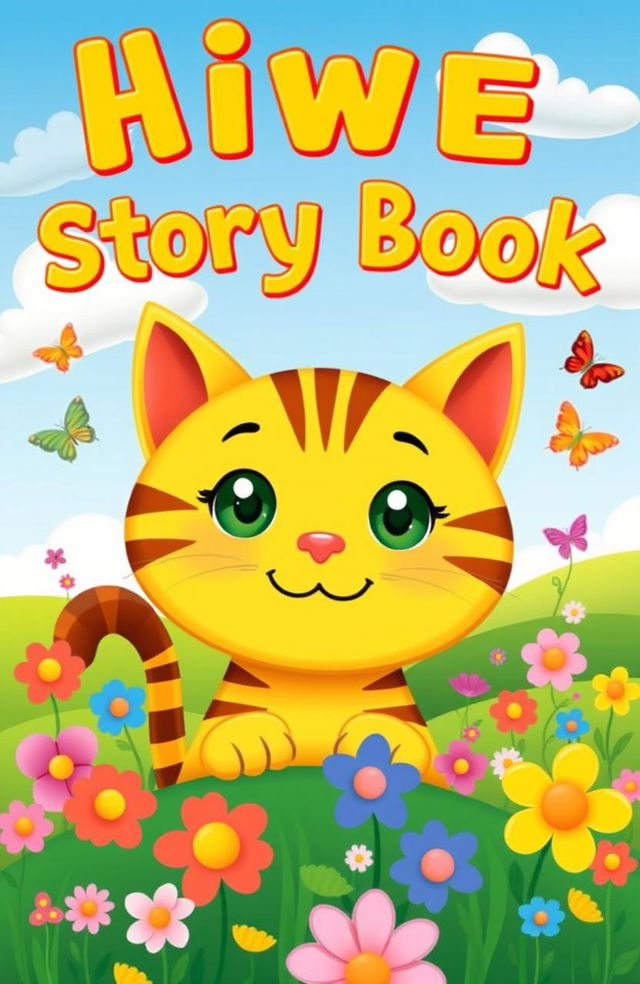 A playful and whimsical children's storybook cover featuring a friendly yellowish cat with charming brown stripes