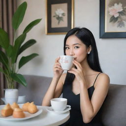 An elegant Indonesian girl with black hair, smooth cheeks, a sharp nose, and small lips, looking perfect as she sips tea in a living room