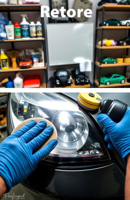 A detailed tutorial image showcasing the process of headlight restoration polishing