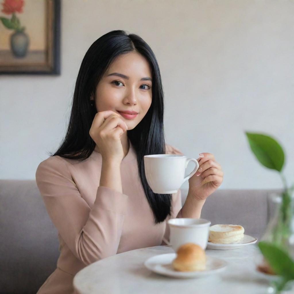 An elegant Indonesian girl with black hair, smooth cheeks, a sharp nose, and small lips, looking perfect as she sips tea in a living room