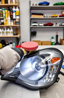 A detailed tutorial image showcasing the process of headlight restoration polishing