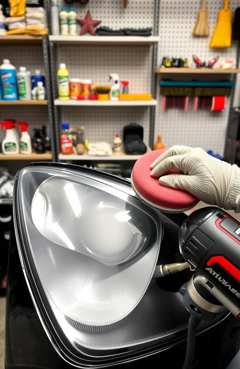 A detailed tutorial image showcasing the process of headlight restoration polishing