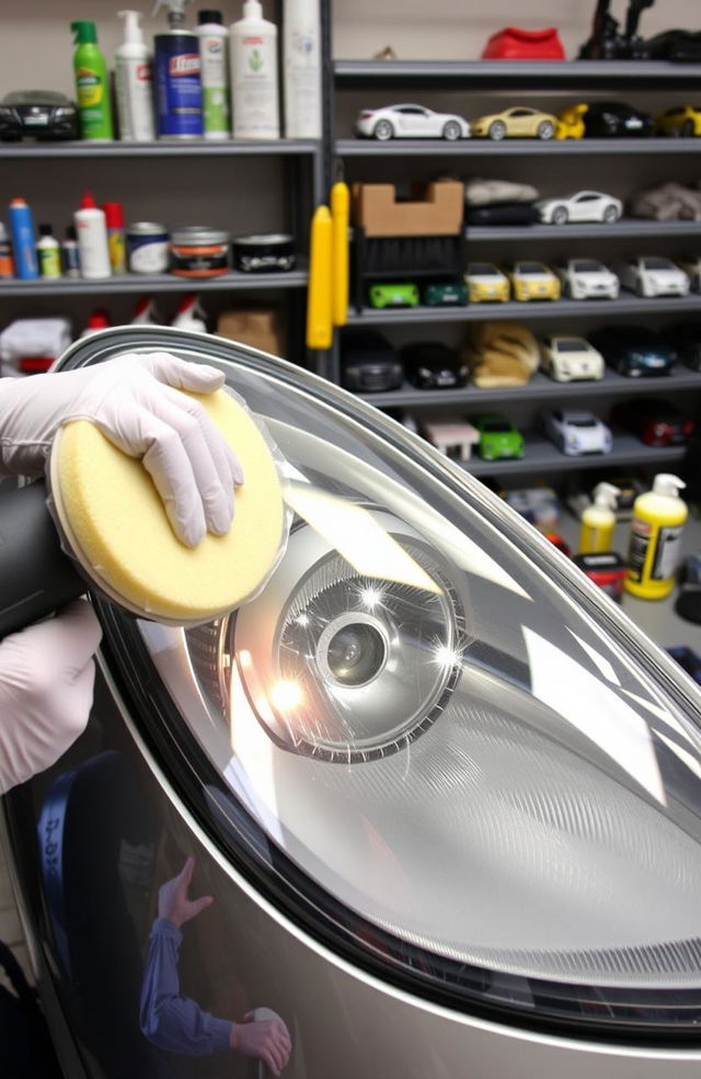 A detailed tutorial image showcasing the process of headlight restoration polishing