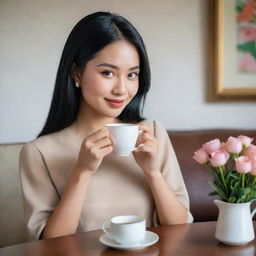 An elegant Indonesian girl with black hair, smooth cheeks, a sharp nose, and small lips, looking perfect as she sips tea in a living room