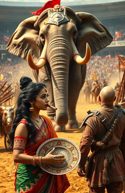 An expansive open arena filled with dynamic activity featuring a group of cavalry and tribal warriors wielding spears