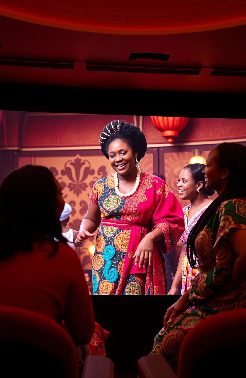 A vibrant film theatre screen showcasing a scene from a movie featuring a Black woman dressed in colorful traditional African attire, animatedly conversing with two other women, who are also in stylish cultural outfits