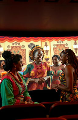 A vibrant film theatre screen showcasing a scene from a movie featuring a Black woman dressed in colorful traditional African attire, animatedly conversing with two other women, who are also in stylish cultural outfits