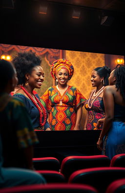 A vibrant film theatre screen showcasing a scene from a movie featuring a Black woman dressed in colorful traditional African attire, animatedly conversing with two other women, who are also in stylish cultural outfits
