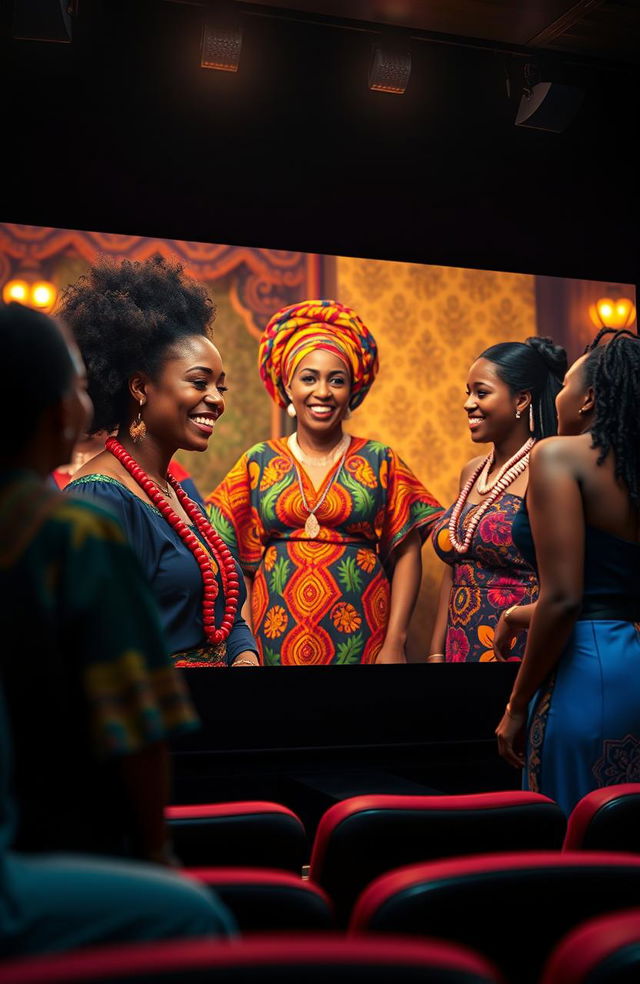 A vibrant film theatre screen showcasing a scene from a movie featuring a Black woman dressed in colorful traditional African attire, animatedly conversing with two other women, who are also in stylish cultural outfits