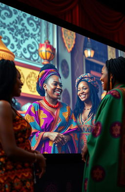A vibrant film theatre screen showcasing a scene from a movie featuring a Black woman dressed in colorful traditional African attire, animatedly conversing with two other women, who are also in stylish cultural outfits
