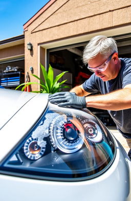A person wet sanding car headlights in front of a garage, showcasing the focus and detail of the process