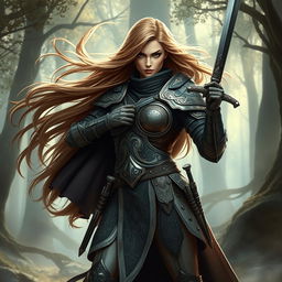 A fierce female warrior standing confidently in a dynamic pose, showcasing her full body