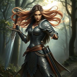 A fierce female warrior standing confidently in a dynamic pose, showcasing her full body