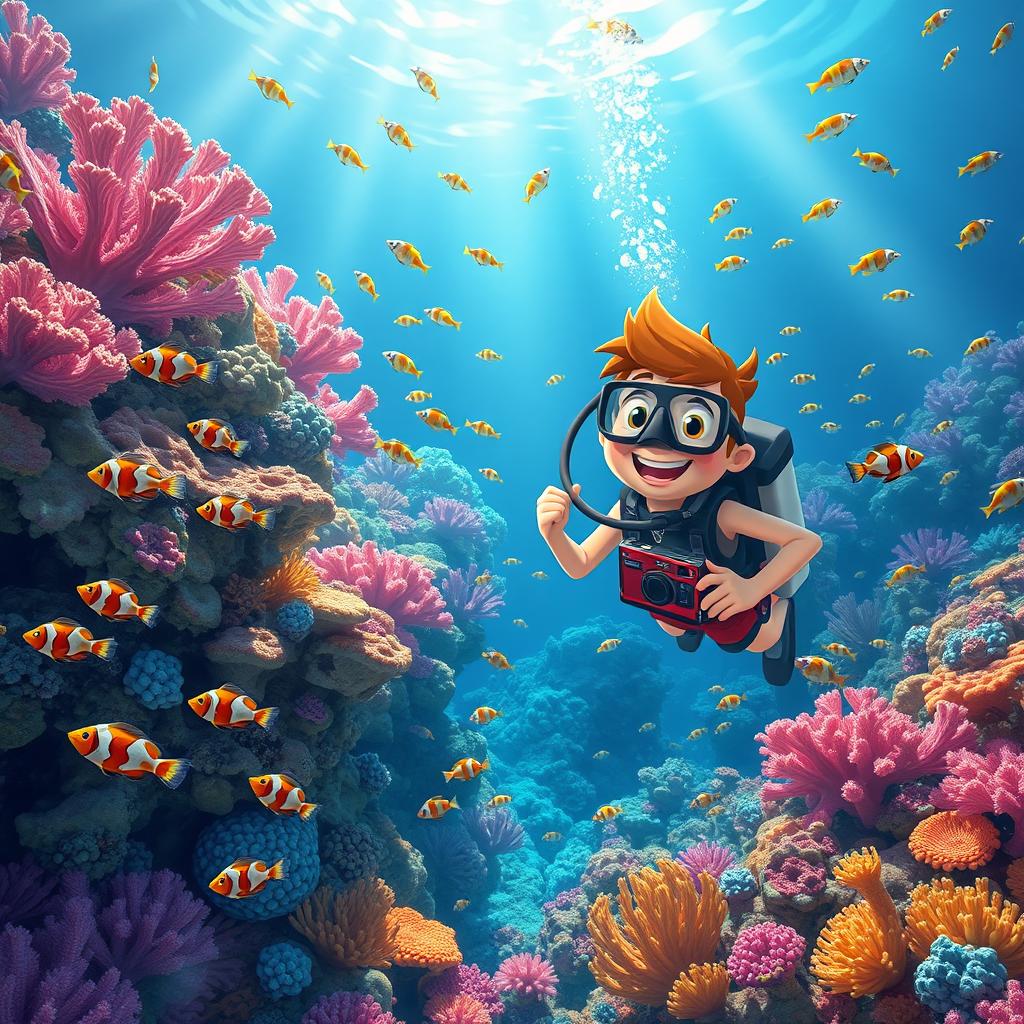 A vibrant underwater scene depicting Fred, an adventurous character, confidently exploring the depths of the ocean