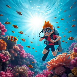 A vibrant underwater scene depicting Fred, an adventurous character, confidently exploring the depths of the ocean