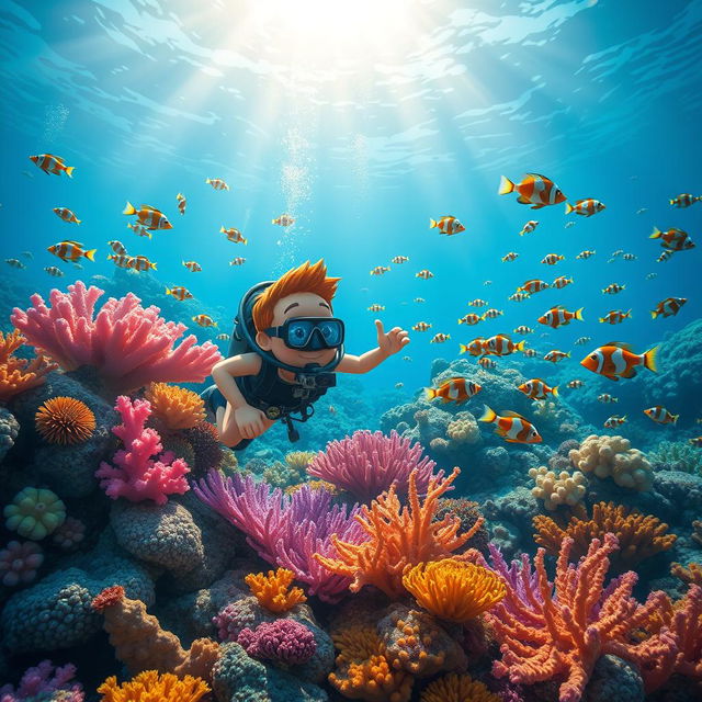 A vibrant underwater scene depicting Fred, an adventurous character, confidently exploring the depths of the ocean