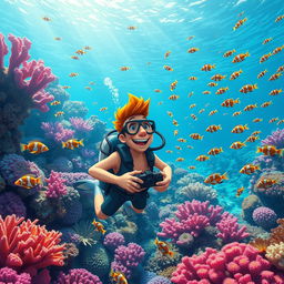 A vibrant underwater scene depicting Fred, an adventurous character, confidently exploring the depths of the ocean