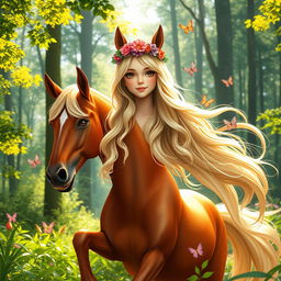 A young female centaur in an enchanted forest, showcasing her majestic horse body seamlessly integrated with her human torso