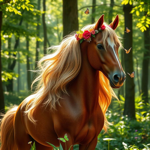 A young female centaur in an enchanted forest, showcasing her majestic horse body seamlessly integrated with her human torso