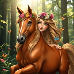 A young female centaur in an enchanted forest, showcasing her majestic horse body seamlessly integrated with her human torso